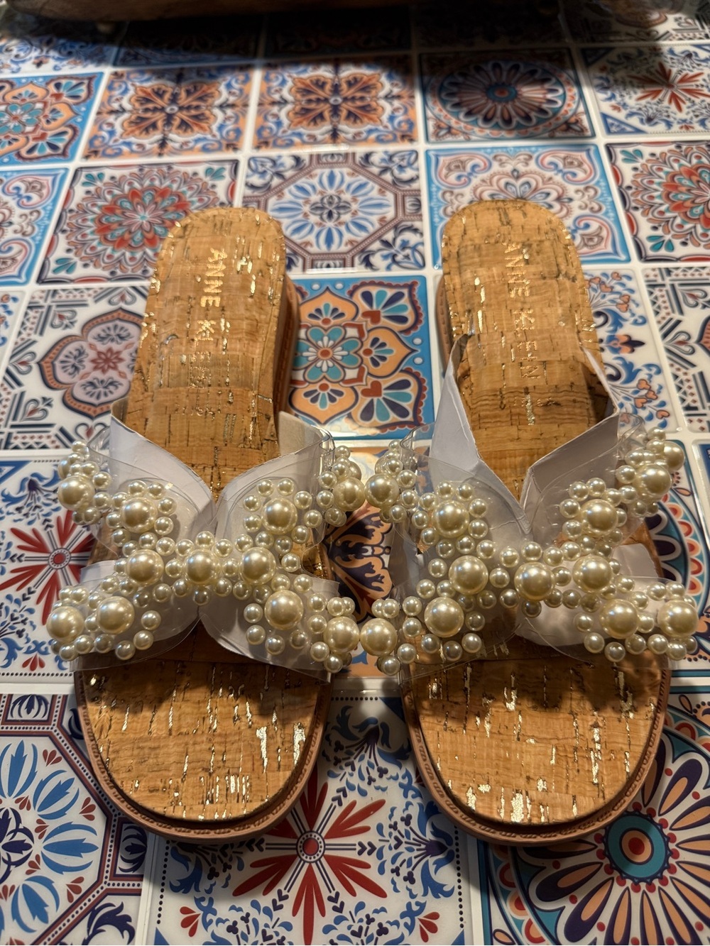 Anne Klein White Pearl-Embellished Cork Slide Mules